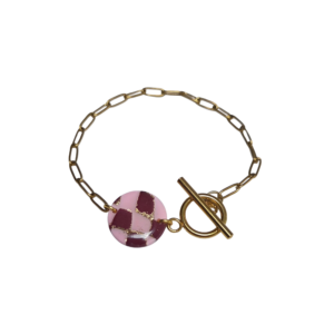 Gouden schakelarmband met ronde geruite bordeaux clay