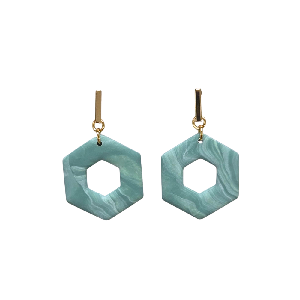 Gouden hangoorbellen hexagoon marmer groen clay