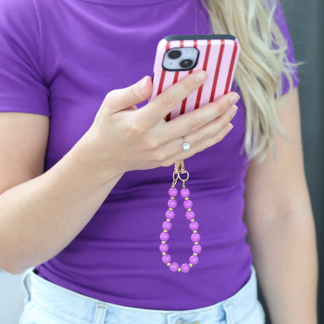 Telefoonkoord polsband kralen paars met gouden accenten - Afbeelding 3